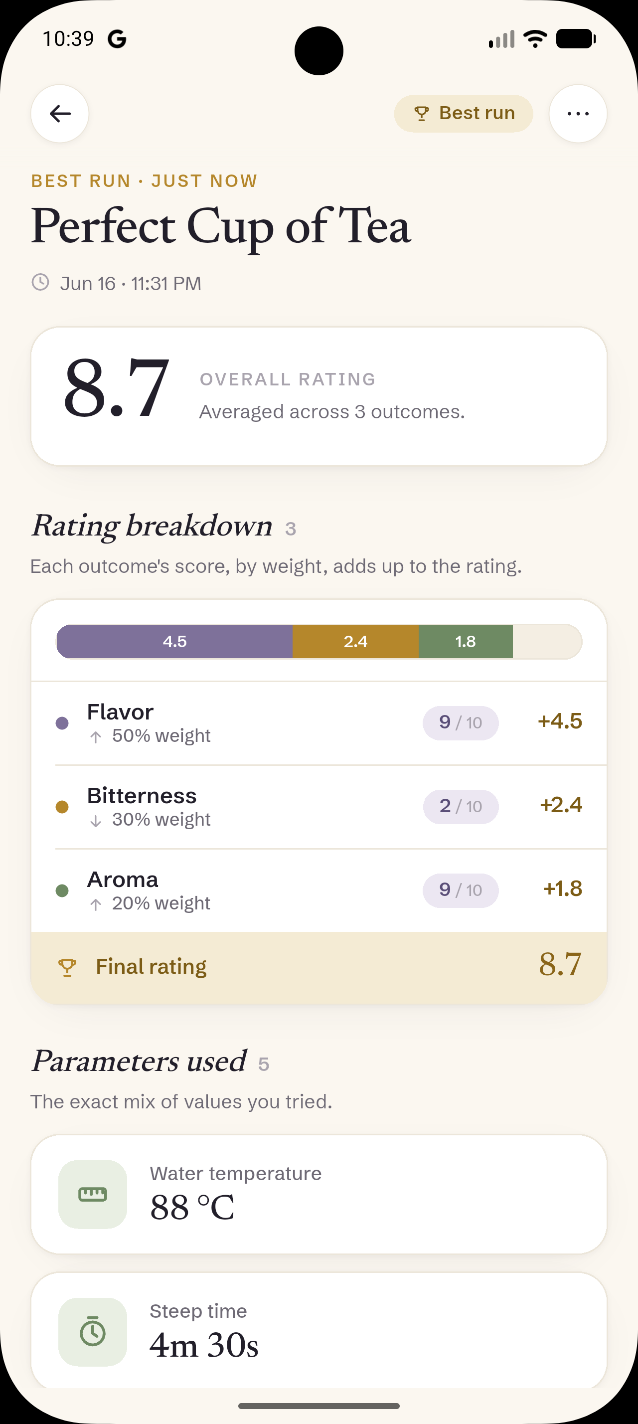 Screenshot of logged results and the best combination