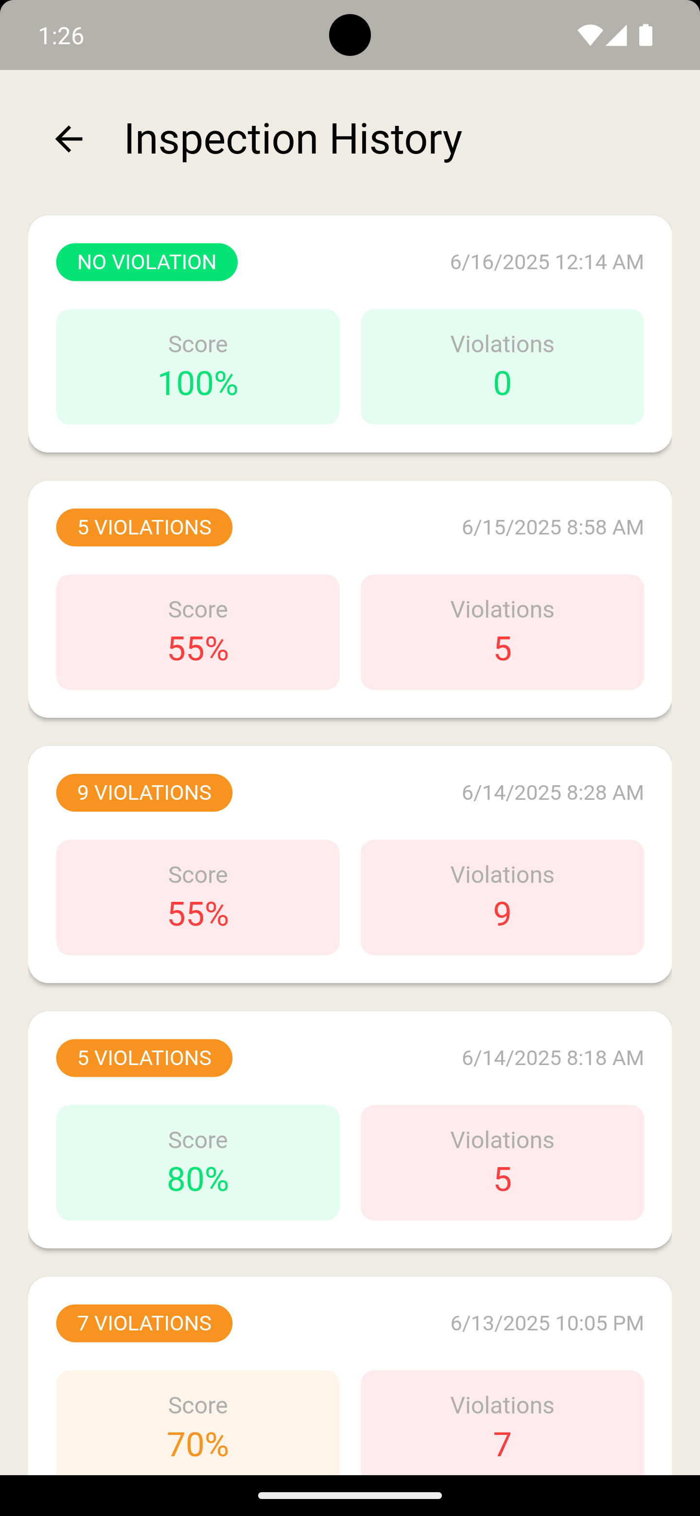 Screenshot of feedback from inspection