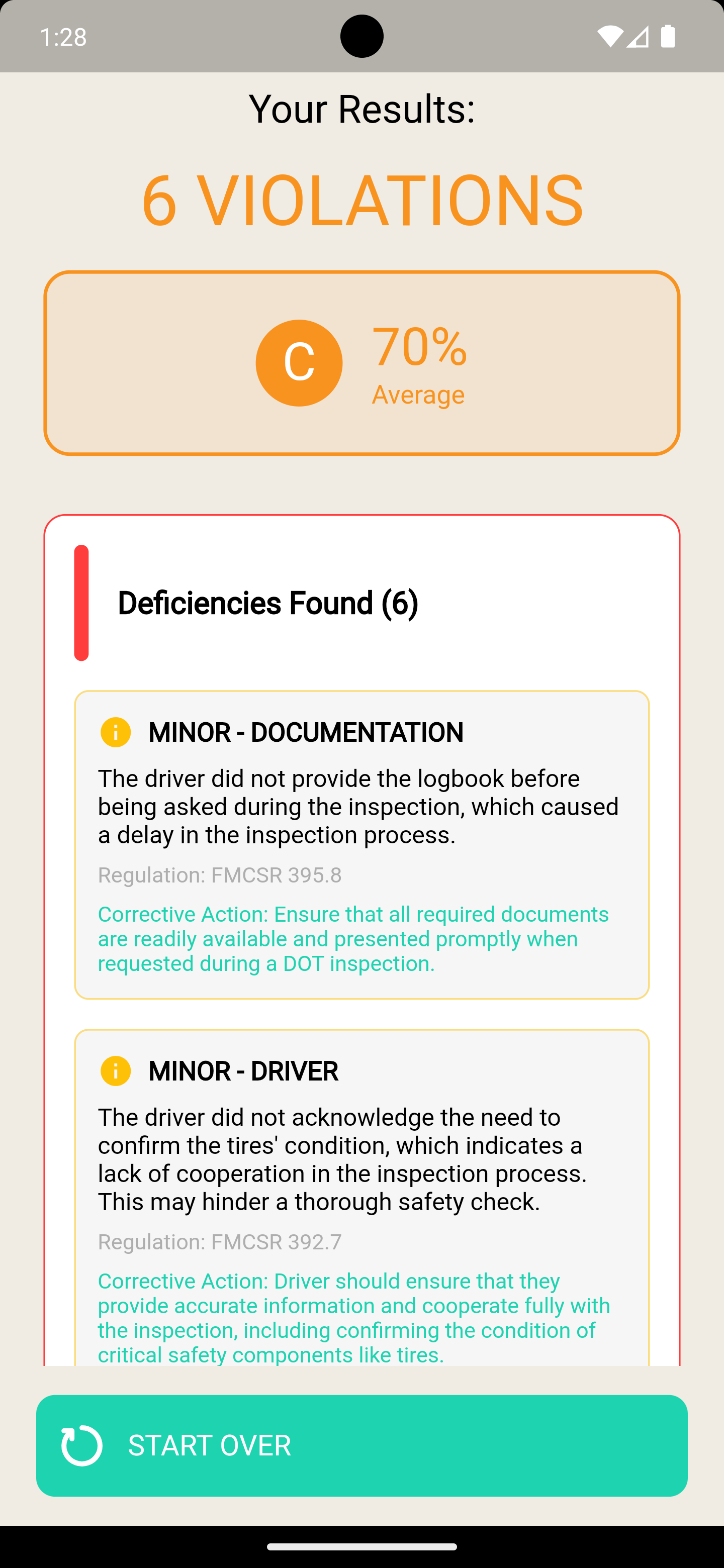 Screenshot of past inspections