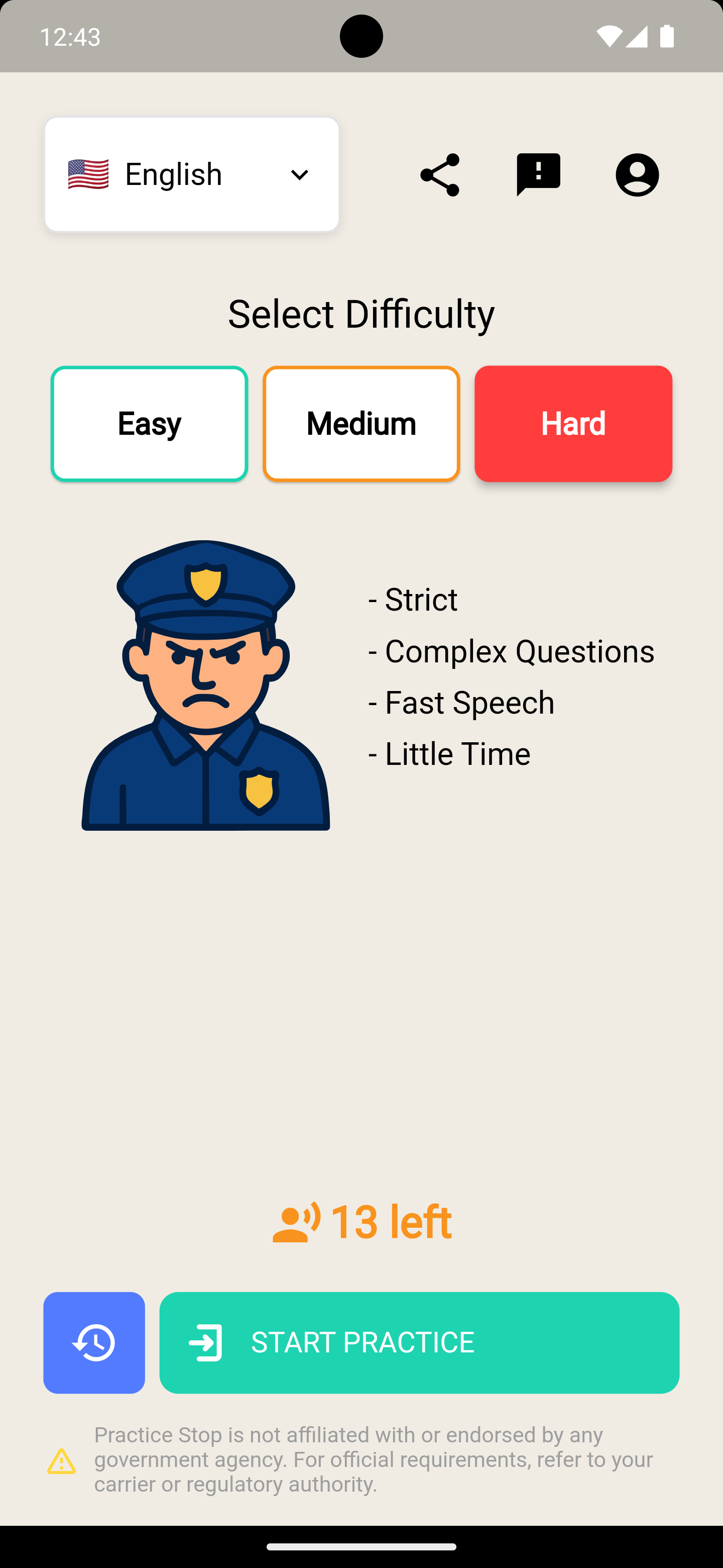 Screenshot of difficulty level selection