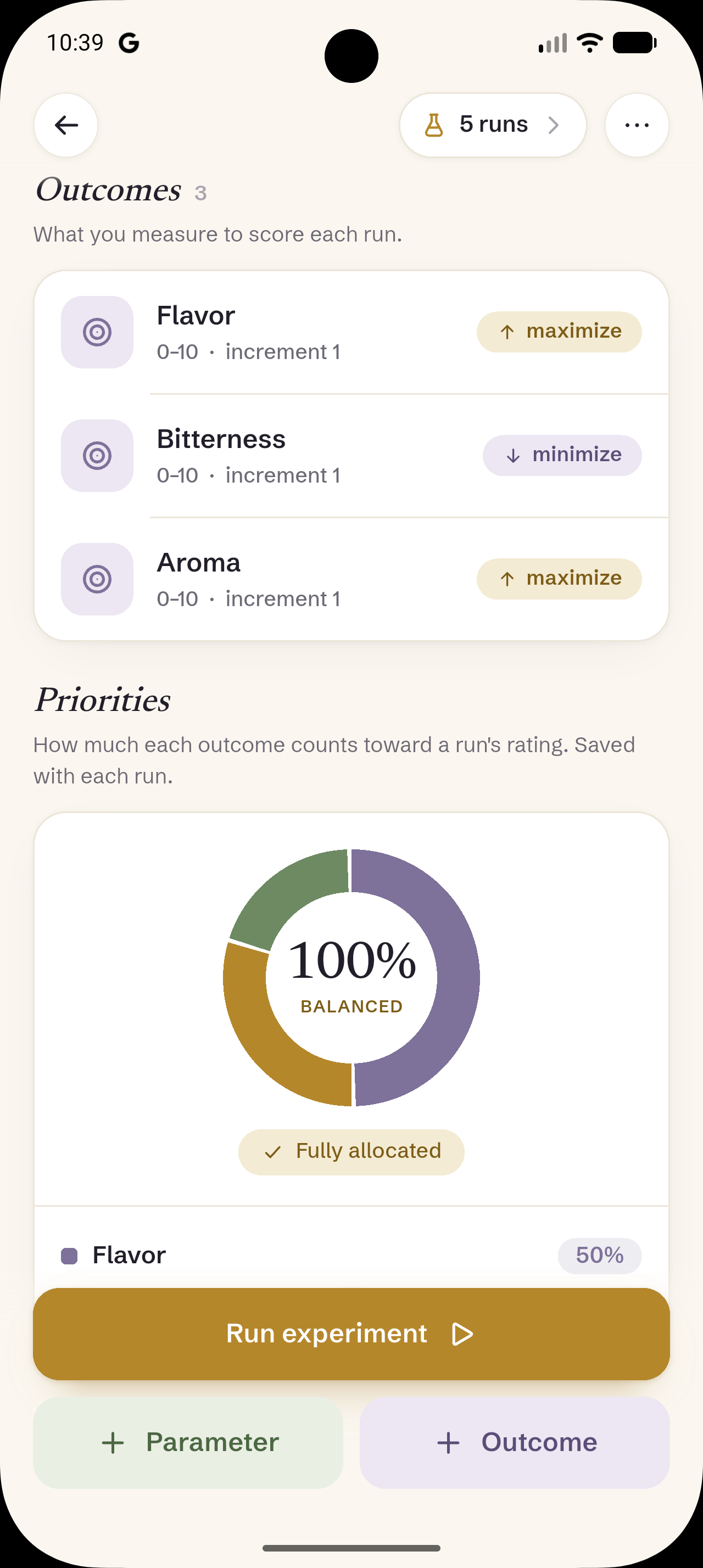 Screenshot of an experiment's outcomes and their priorities