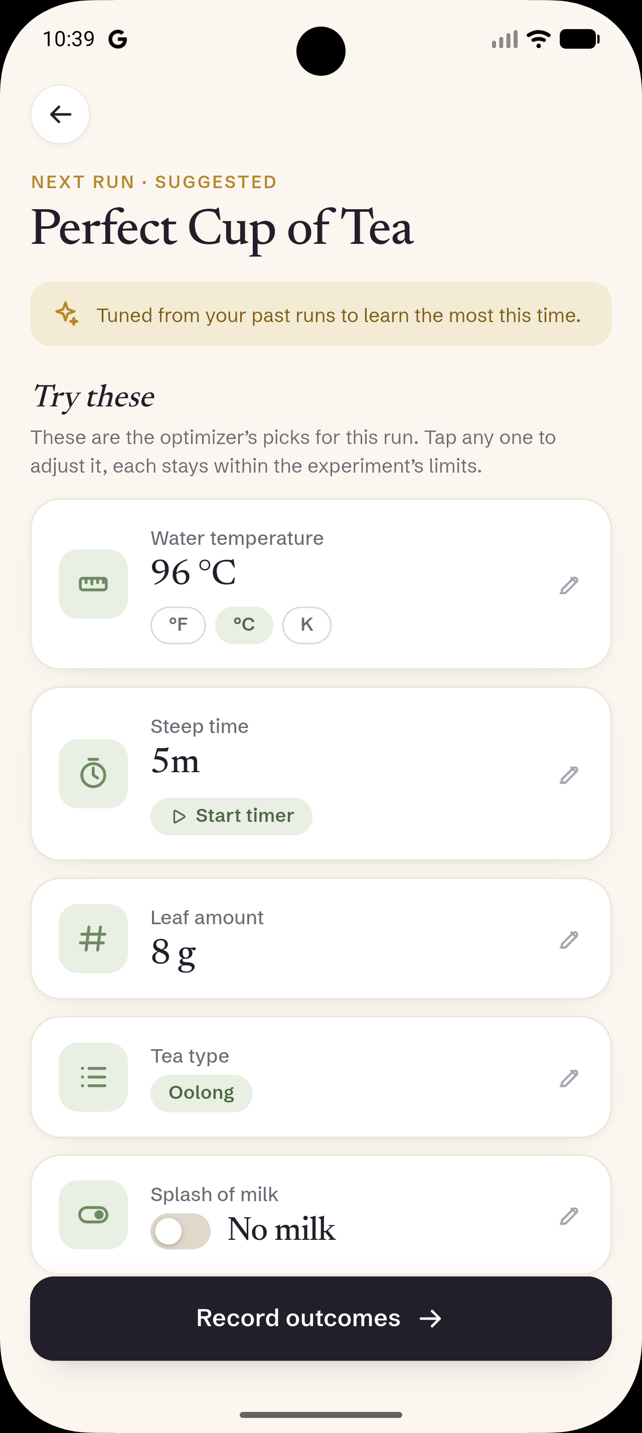 Screenshot of creating an experiment and its parameters